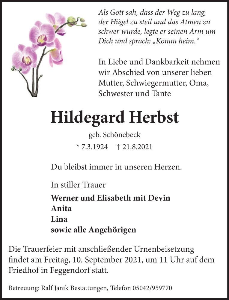  Traueranzeige für Hildegard Herbst vom 04.09.2021 aus Neue Deister-Zeitung