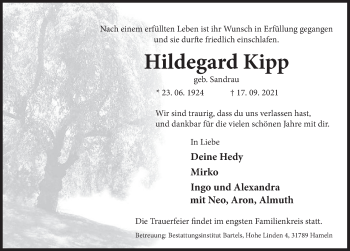 Traueranzeige von Hildegard Kipp von Deister- und Weserzeitung