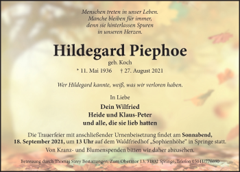 Traueranzeige von Hildegard Piephoe von Neue Deister-Zeitung