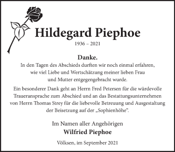 Traueranzeige von Hildegard Piephoe von Neue Deister-Zeitung
