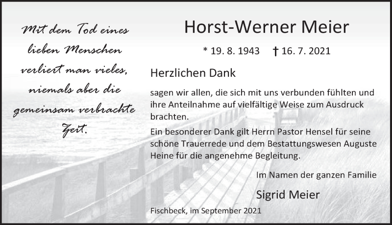  Traueranzeige für Horst-Werner Meier vom 04.09.2021 aus Deister- und Weserzeitung