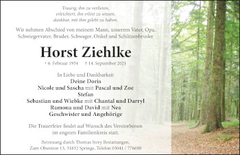 Traueranzeige von Horst Ziehlke von Neue Deister-Zeitung