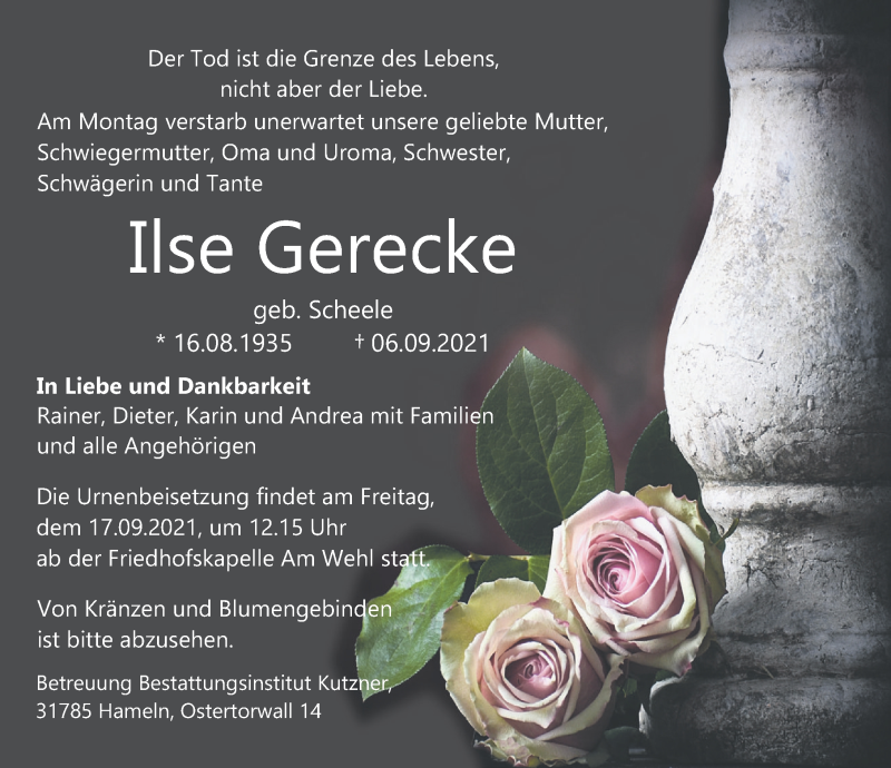  Traueranzeige für Ilse Gerecke vom 11.09.2021 aus Deister- und Weserzeitung