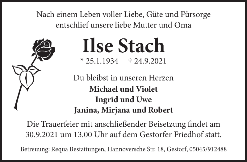  Traueranzeige für Ilse Stach vom 28.09.2021 aus Neue Deister-Zeitung
