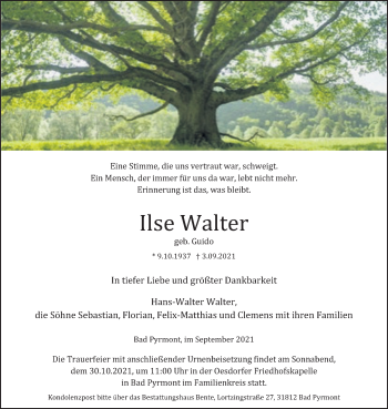 Traueranzeige von Ilse Walter von Deister- und Weserzeitung