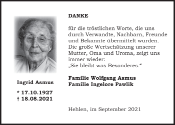 Traueranzeige von Ingrid Asmus von Deister- und Weserzeitung