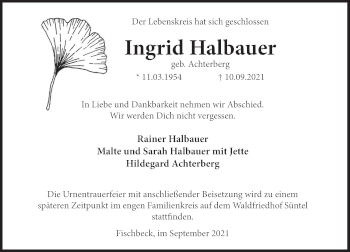 Traueranzeige von Ingrid Halbauer von Deister- und Weserzeitung