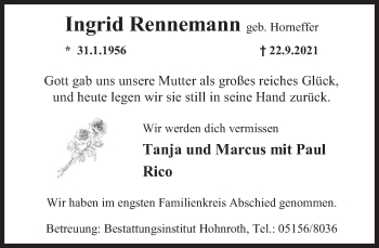 Traueranzeige von Ingrid Rennemann von Deister- und Weserzeitung