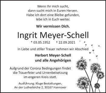 Traueranzeige von Ingrit Meyer-Schell von Neue Deister-Zeitung