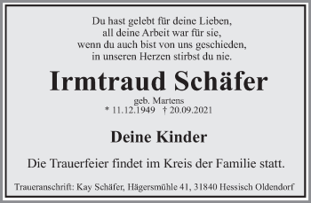Traueranzeige von Irmtraud Schäfer von Deister- und Weserzeitung