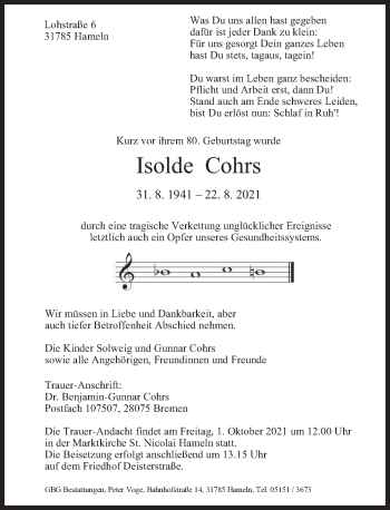 Traueranzeige von Isolde Cohrs von Deister- und Weserzeitung