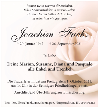 Traueranzeige von Joachim Fuchs von Neue Deister-Zeitung