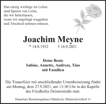 Traueranzeige von Joachim Meyne von Deister- und Weserzeitung