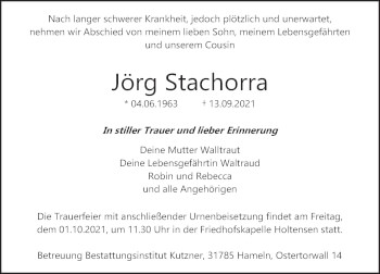 Traueranzeige von Jörg Stachorra von Deister- und Weserzeitung