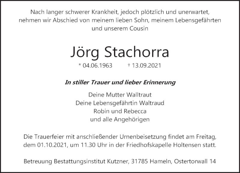  Traueranzeige für Jörg Stachorra vom 18.09.2021 aus Deister- und Weserzeitung