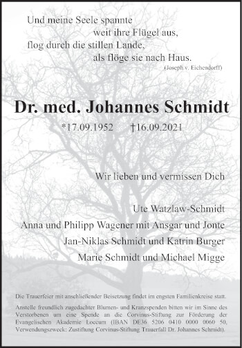 Traueranzeige von Johannes Schmidt von Deister- und Weserzeitung