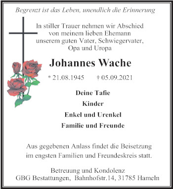 Traueranzeige von Johannes Wache von Deister- und Weserzeitung