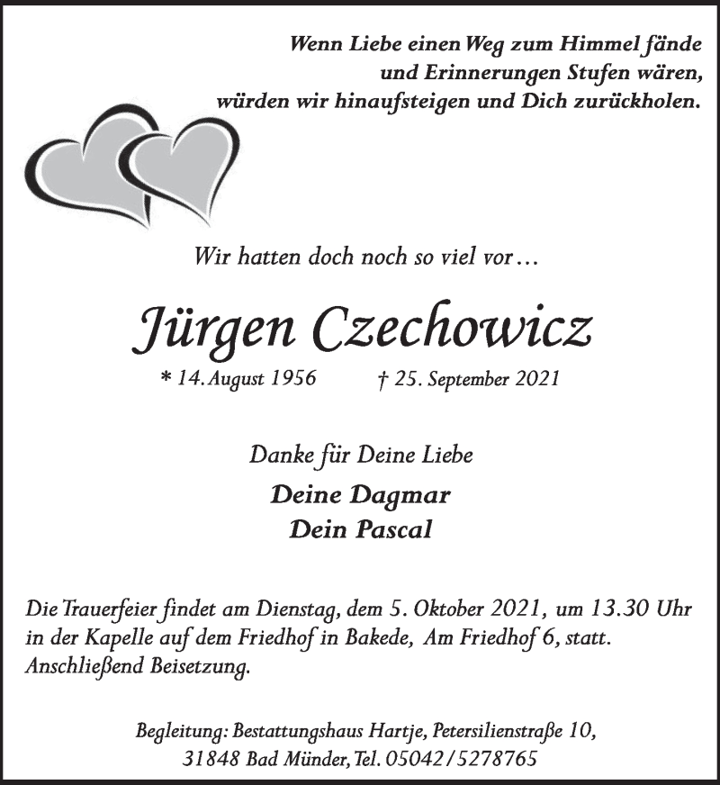  Traueranzeige für Jürgen Czechowicz vom 02.10.2021 aus Neue Deister-Zeitung
