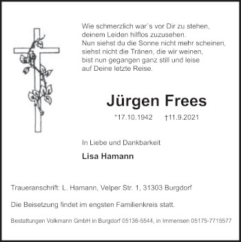 Traueranzeige von Jürgen Frees von Deister- und Weserzeitung
