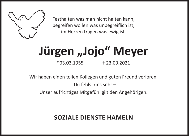  Traueranzeige für Jürgen  Meyer vom 02.10.2021 aus Deister- und Weserzeitung