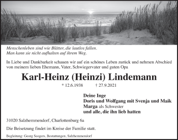 Traueranzeige von Karl-Heinz Lindemann von Deister- und Weserzeitung