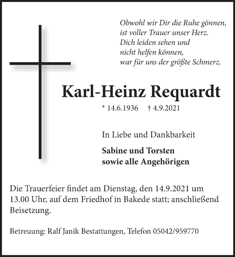  Traueranzeige für Karl-Heinz Requardt vom 11.09.2021 aus Neue Deister-Zeitung