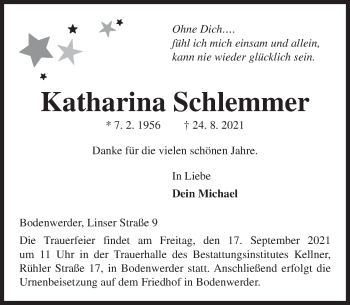 Traueranzeige von Katharina Schlemmer von Deister- und Weserzeitung