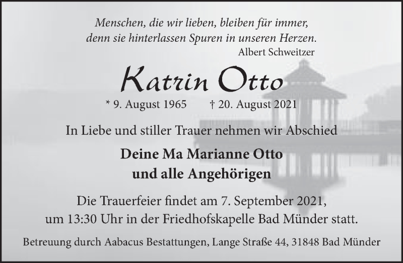  Traueranzeige für Katrin Otto vom 04.09.2021 aus Neue Deister-Zeitung