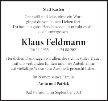 Traueranzeige von Klaus Feldmann von Deister- und Weserzeitung