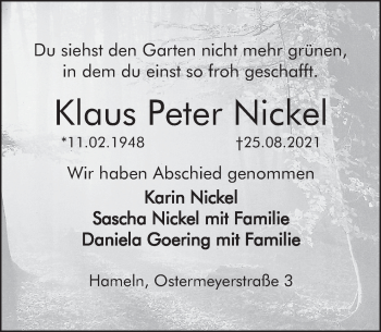 Traueranzeige von Klaus Peter Nickel von Deister- und Weserzeitung