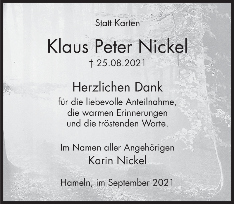  Traueranzeige für Klaus Peter Nickel vom 25.09.2021 aus Deister- und Weserzeitung
