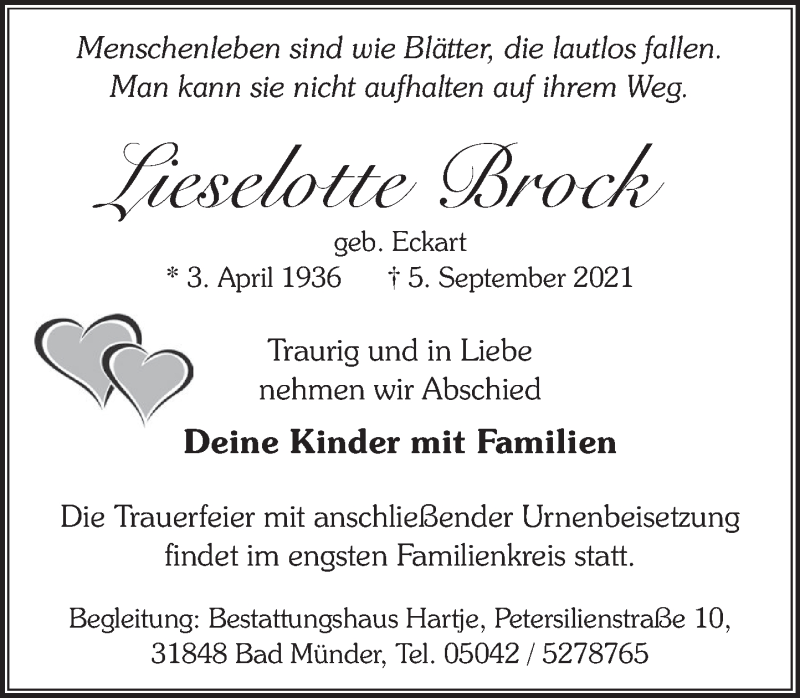  Traueranzeige für Lieselotte Brock vom 11.09.2021 aus Neue Deister-Zeitung