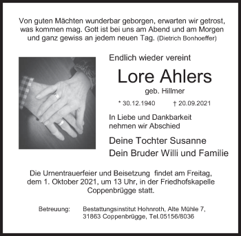 Traueranzeige von Lore Ahlers von Deister- und Weserzeitung