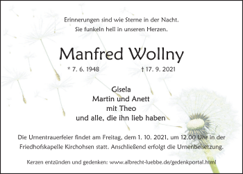 Traueranzeige von Manfred Wollny von Deister- und Weserzeitung