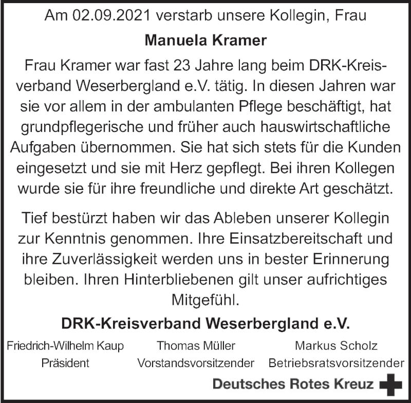  Traueranzeige für Manuela Kramer vom 18.09.2021 aus Deister- und Weserzeitung