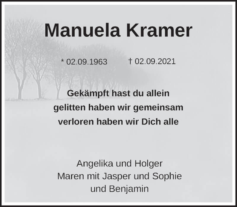  Traueranzeige für Manuela Kramer vom 18.09.2021 aus Deister- und Weserzeitung