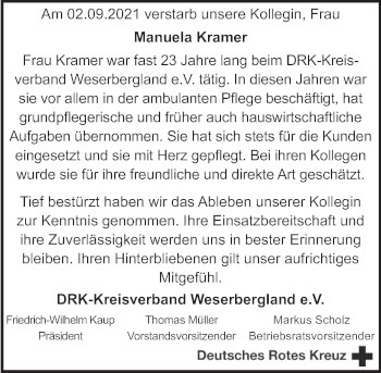Traueranzeige von Manuela Kramer von Deister- und Weserzeitung