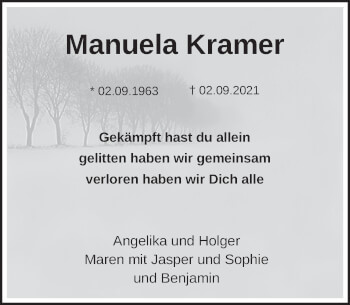 Traueranzeige von Manuela Kramer von Deister- und Weserzeitung