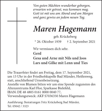 Traueranzeige von Maren Hagemann von Neue Deister-Zeitung