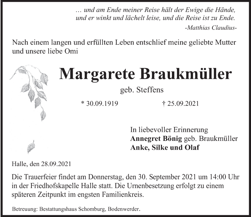  Traueranzeige für Margarete Braukmüller vom 28.09.2021 aus Deister- und Weserzeitung