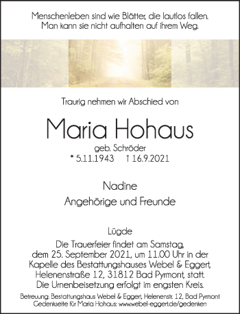 Traueranzeige von Maria Hohaus von Deister- und Weserzeitung