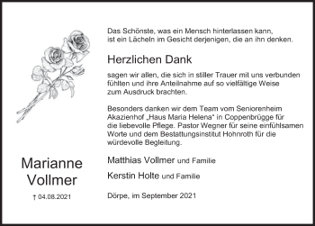 Traueranzeige von Marianne Vollmer von Deister- und Weserzeitung