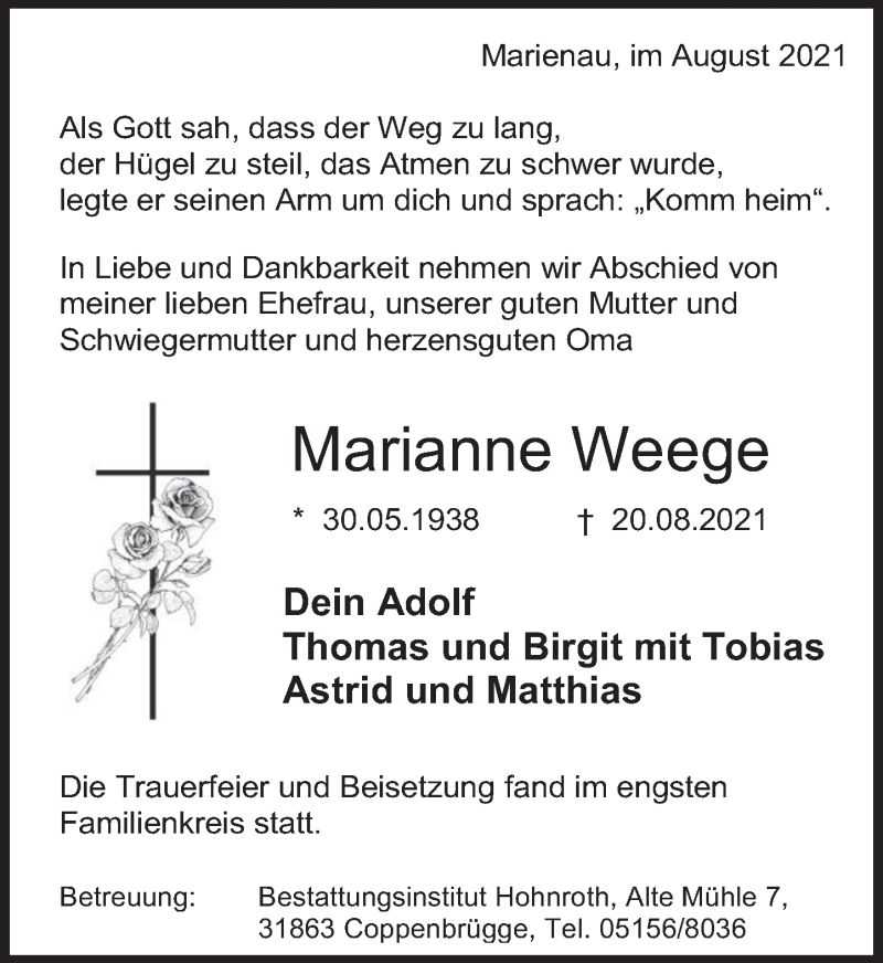  Traueranzeige für Marianne Weege vom 04.09.2021 aus Deister- und Weserzeitung