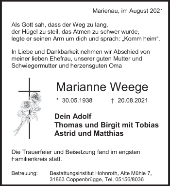 Traueranzeige von Marianne Weege von Deister- und Weserzeitung