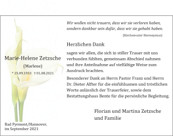 Traueranzeige von Marie-Helene Zetzsche von Deister- und Weserzeitung