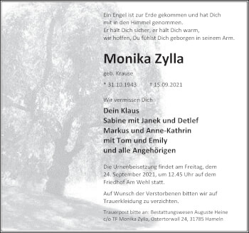 Traueranzeige von Monika Zylla von Deister- und Weserzeitung