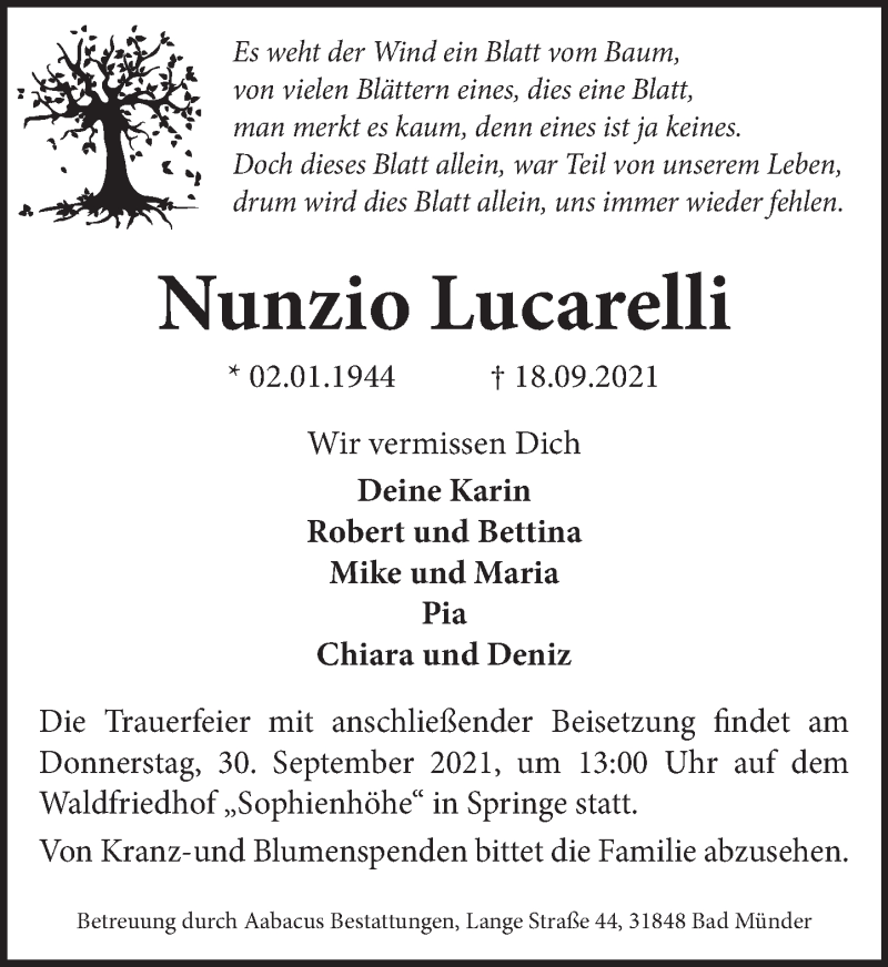  Traueranzeige für Nunzio Lucarelli vom 25.09.2021 aus Neue Deister-Zeitung