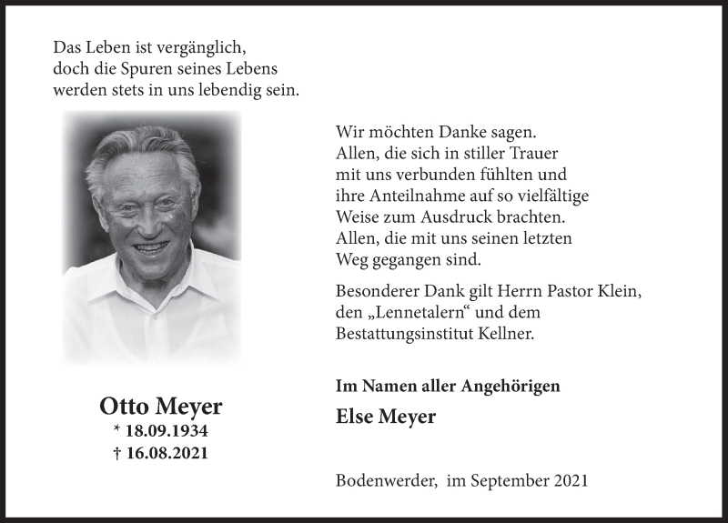  Traueranzeige für Otto Meyer vom 11.09.2021 aus Deister- und Weserzeitung