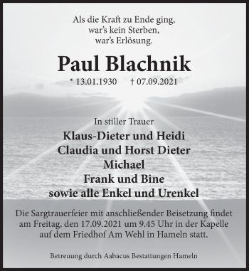 Traueranzeige von Paul Blachnik von Deister- und Weserzeitung