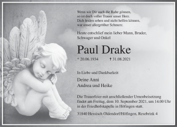 Traueranzeige von Paul Drake von Deister- und Weserzeitung